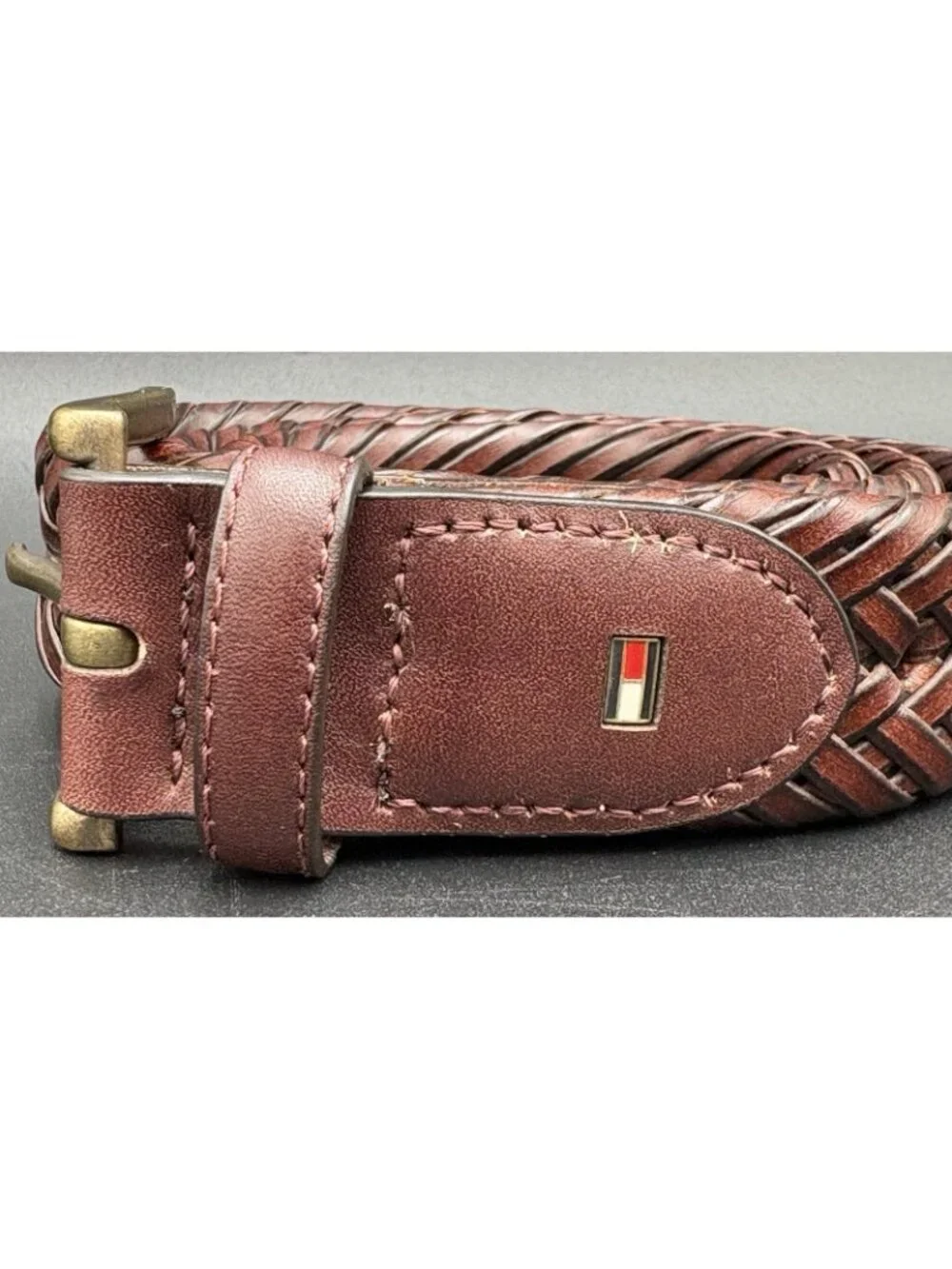 Tommy Hilfiger Men's Belt Braided Woven Black Brown Leather Size 37
